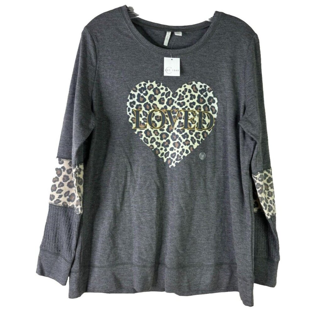 C. EST 1946 Medium Loved Leopard Heart Gray Soft Comfy  Long Sleeve Shirt NWT